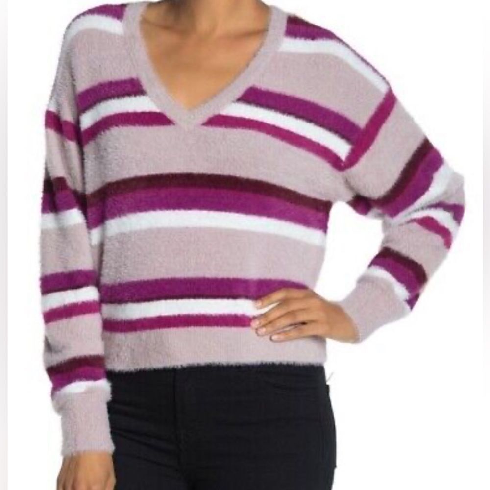 Splendid eyelash fuzzy super stretch cozy V neck fuschia/mauve stripe sweater.